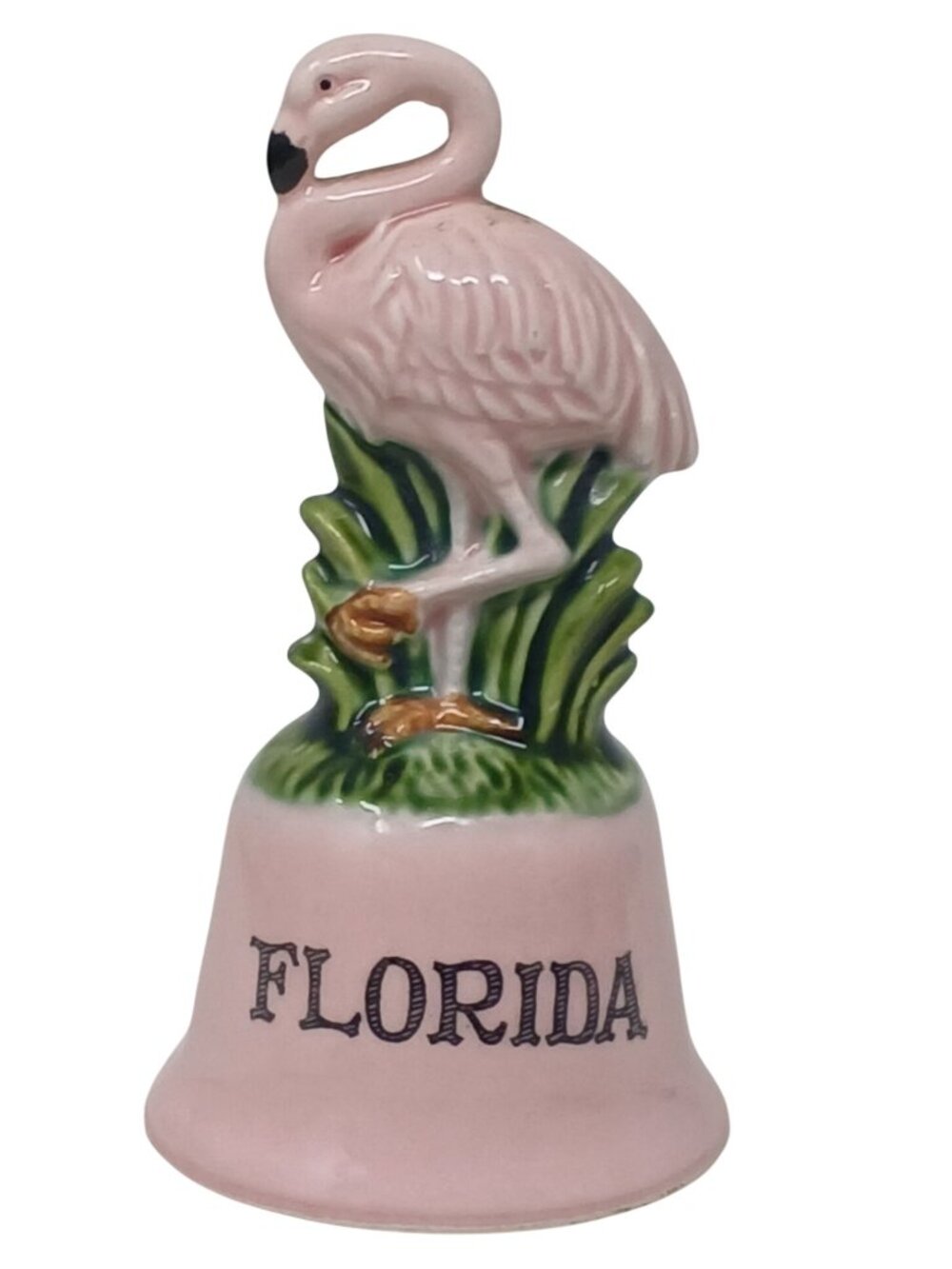Florida Flamingo Souvenir Ceramic Bell Pink & Green Tropical Decor VTG Japan D13